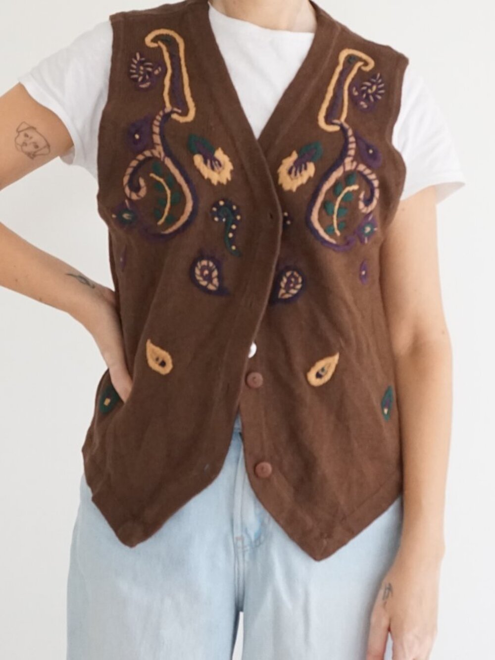 Vintage Requirements Brown Paisley Embroidered Boho Button Sweater Vest L